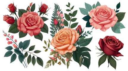 Beautiful romantic flower collection with roses, leaves, floral bouquets, flower compositions.
