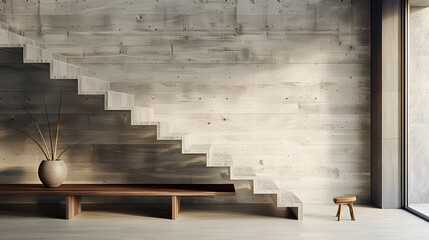 Loft interior design of modern entrance hall with staircase and rustic wooden bench near concrete wall with copy space.