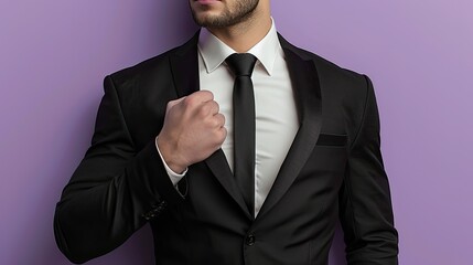 Male fitness model in a formal black suit with a white shirt and black tie, isolated on a lavender background