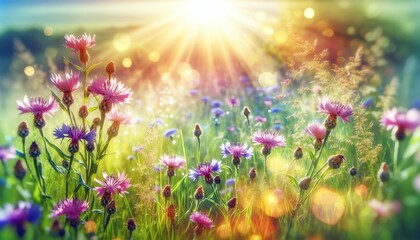 Obraz premium An image of a sunny meadow filled with Common knapweed flowers