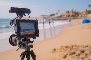 The camera on a tripod looks at the beach.