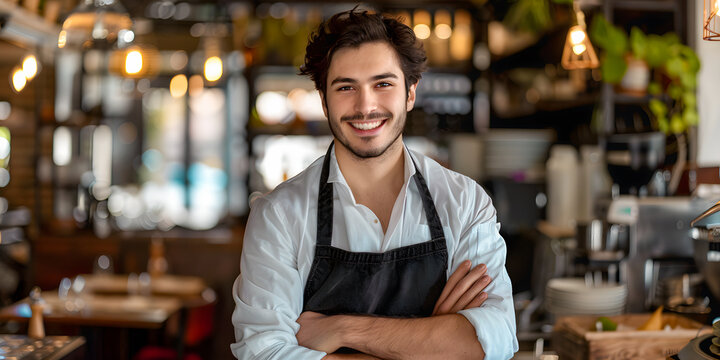 Joven hombre caucasico sonriente vestido de mesero con camisa blanca y mandil en una cafeter&iacute;a 