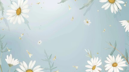 Daisies floral, luxury botanical on light blue background vector, empty space in the middle to leave room for text or logo, gold line wallpaper, leaves, flower, foliage, hand drawn 