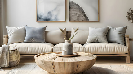 Round wooden coffee tbale near wooden sofa with beige pillows. Scandinavian home interior design of modern living room.