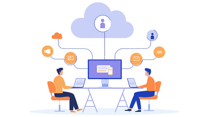 Businessman working connected online on cloud technology network and social network concept Remote working and data storage External business processes, flat vector illustration