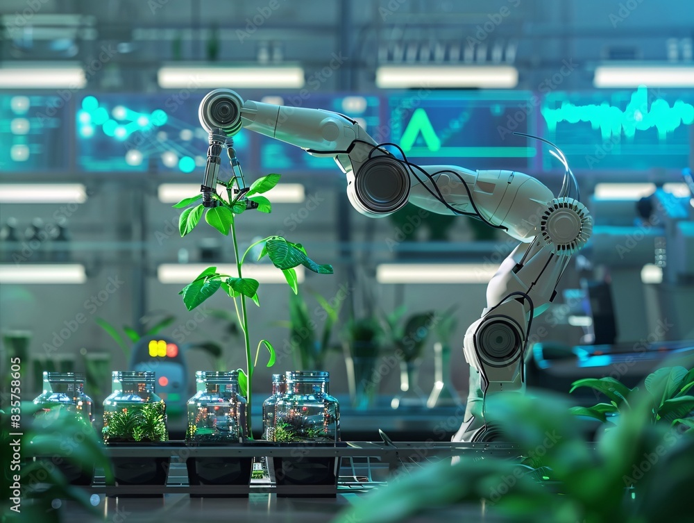Aufkleber futuristic laboratory scene showing a robotic arm monitoring plant growth with digital displays and 