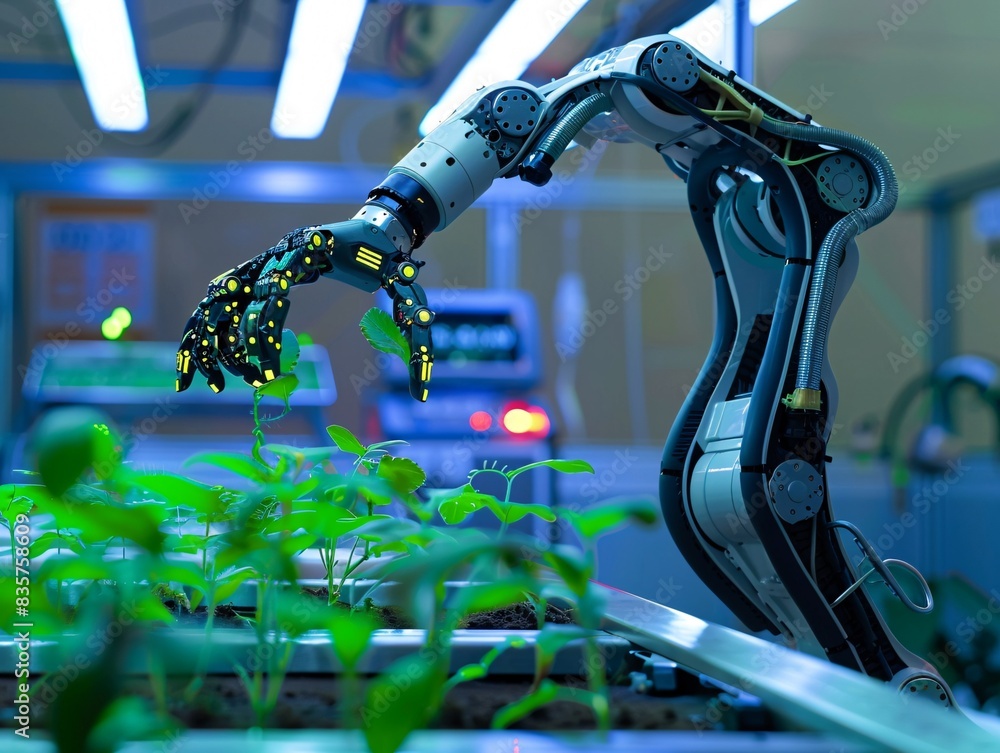 Poster advanced robotic arm equipped with sensors and tools examining and nurturing green seedlings under a