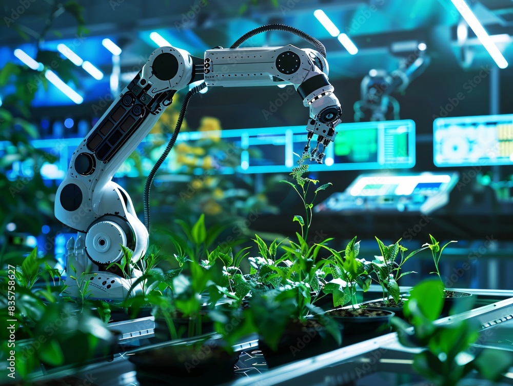 Aufkleber futuristic laboratory scene showing a robotic arm monitoring plant growth with digital displays and 
