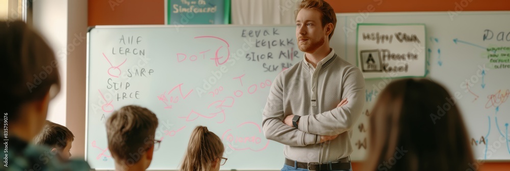 Poster teacher engaging with students in classroom with whiteboard notes