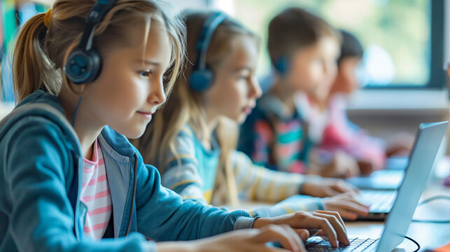 Cute student with headphones in computer class at elementary school Learning concepts, knowledge development