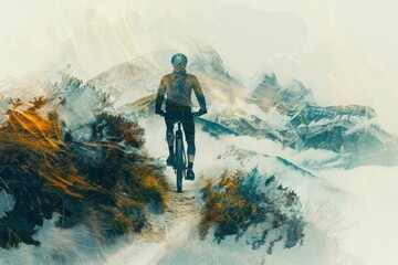 Obraz premium A man is riding a bike on a mountain trail