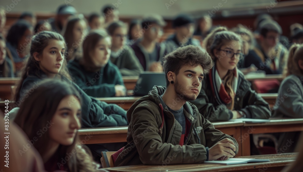 Poster In a lecture hall, diligent university students are seen taking notes and immersed in a scholarly atmosphere. The diverse group of young adults exhibits a keen focus on their academic pursuits