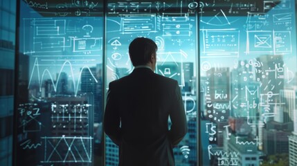 A businessman in a suit standing with his back to the viewer