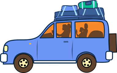 Blue SUV with suitcases on the roof trunk. In the windows of the car the silhouette of the driver and his son in the back seat playing on a smartphone. Vector illustration with transparent background 
