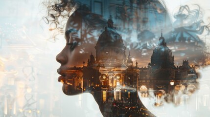 A woman's face is shown in a distorted way, with a cityscape in the background