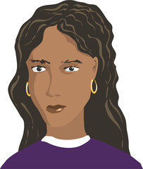 Hand-drawn avatar girl with long dark hair and dark skin. Vector illustration of a girl of Latin appearance with earrings in her ears. Indian appearance and facial features are also suitable. wavy