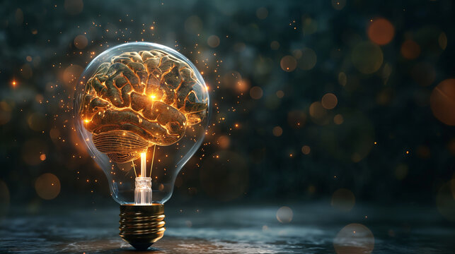 Human brain inside a light bulb brainstorming ideas idea or understanding Creative inspiration and innovation 3D bright business