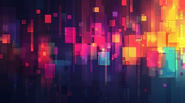Colorful digital pixel art with a dark gradient and vibrant squares