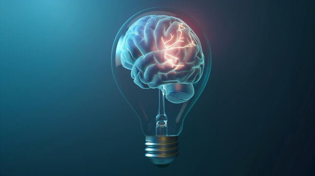 Human brain inside a light bulb brainstorming ideas idea or understanding Creative inspiration and innovation 3D bright business
