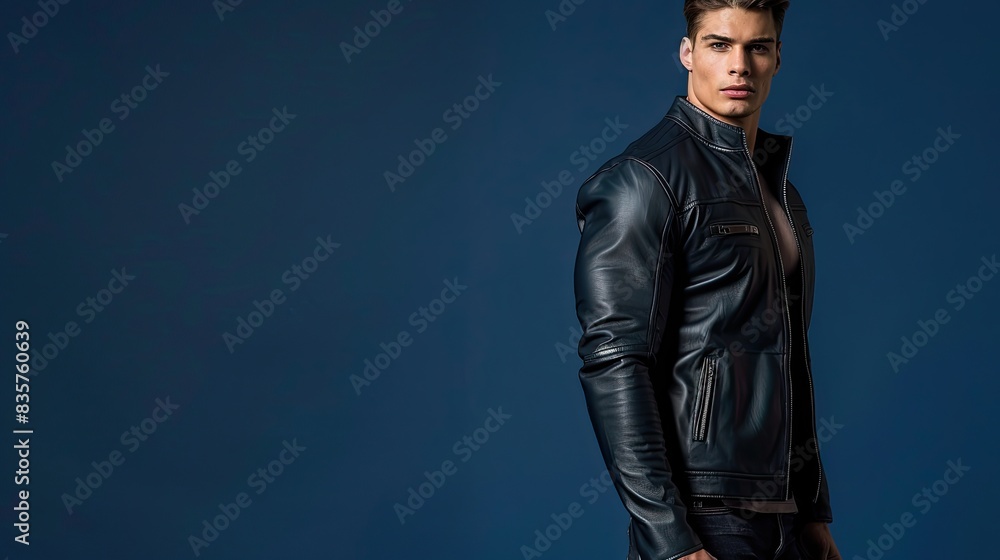 Wall mural Male fitness model in a sleek black leather jacket with dark jeans, isolated on an indigo background - Wall murals