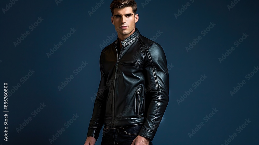 Canvas Prints Male fitness model in a sleek black leather jacket with dark jeans, isolated on an indigo background