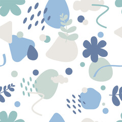 Abstract pastel blue tone color seamless pattern printable background with leaves, flowers, cloud, water drops, and dots