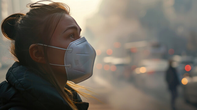 A woman breathes through a mask in the polluted air of the city.