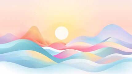 A balanced vector illustration of abstract geometric landscapes in soft, pastel Pride colors, symbolizing unity and acceptance, ideal for commercial marketing materials during Pride month, with a