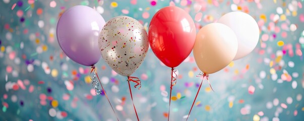 Cheerful party scene with floating balloons and festive confetti