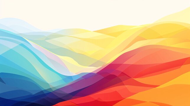 A calm and serene vector illustration of geometric shapes forming a tranquil abstract landscape, infused with the vibrant colors of the LGBTQ+ Pride flag, ideal for promoting diversity and inclusion