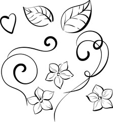 Vector set Spring flowers and leaves, forget me nots. Isolated clipart. Black silhouette for circuit