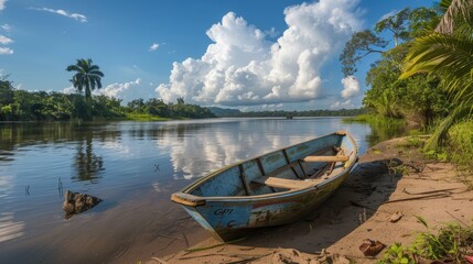 Obraz premium Rustic Boat by Tropical Riverbank