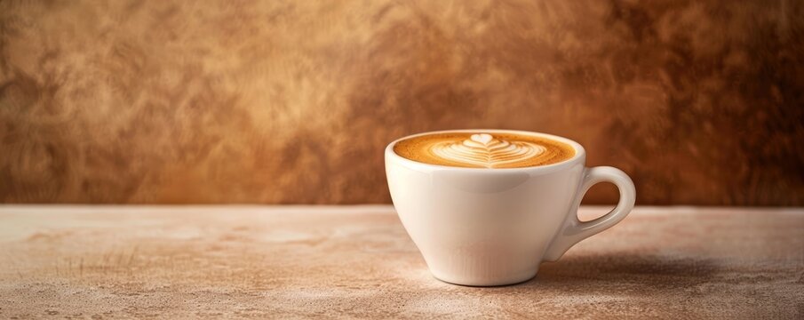Cappuccino in a white cup on a light brown tabletop with a brown backdrop