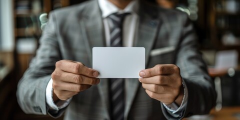 Fototapeta premium Businessperson showing an empty card in a contemporary work environment