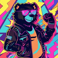 Cool bear in sunglasses and leather jacket posing on a colorful background.