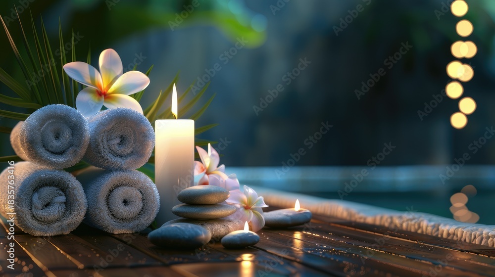 Canvas Prints Spa arrangement with towels hot stones lit candle and plumeria flower on the table Text area included