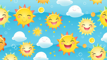 Fototapeta premium A colorful pattern of smiling suns and clouds