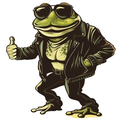 Obraz premium Cool frog in leather jacket and sunglasses giving thumbs up
