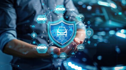 Hand of a mechanic holding a virtual shield with car service icons and checking, the customer service and repair concept.