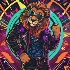 Cool lion wearing sunglasses and leather jacket.