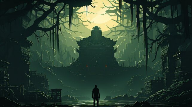 Among the ruins of an ancient temple in a dense jungle, the businessman examines cryptic symbols on the walls while a demon lurks in the shadows behind him. Painting Illustration style, Minimal and