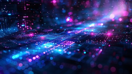 Naklejka premium Abstract tech design with blue and purple pixel squares on a dark background