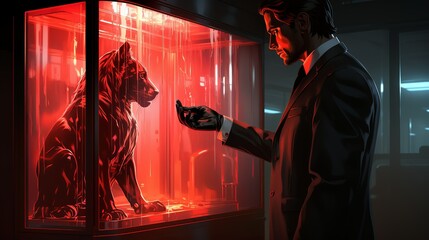 At a high-tech laboratory, the businessman examines a containment unit holding a captured demon, the creature glowing eyes fixated on him through the glass. Painting Illustration style, Minimal and