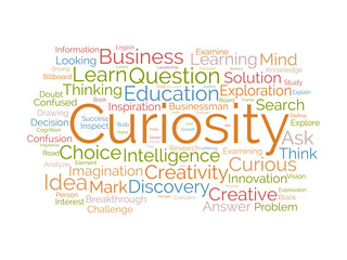 Curiosity word cloud template. Discovery concept vector tagcloud background.