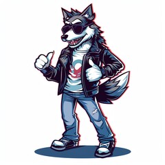 Fototapeta premium Cool wolf wearing sunglasses, leather jacket, and jeans giving a thumbs up.