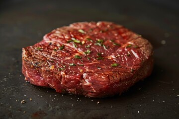 A piece of meat with herbs on it