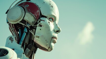 A robot with a white face and blue and red parts