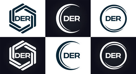 DER logo. D E R design. White DER letter. DER, D E R letter logo design. D E R letter logo design in FIVE, FOUR, THREE, style. letter logo set in one artboard. D E R letter logo vector design.