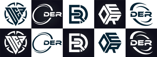 DER logo. D E R design. White DER letter. DER, D E R letter logo design. D E R letter logo design in FIVE, FOUR, THREE, style. letter logo set in one artboard. D E R letter logo vector design.