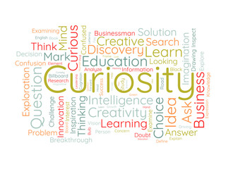 Curiosity word cloud template. Discovery concept vector tagcloud background.